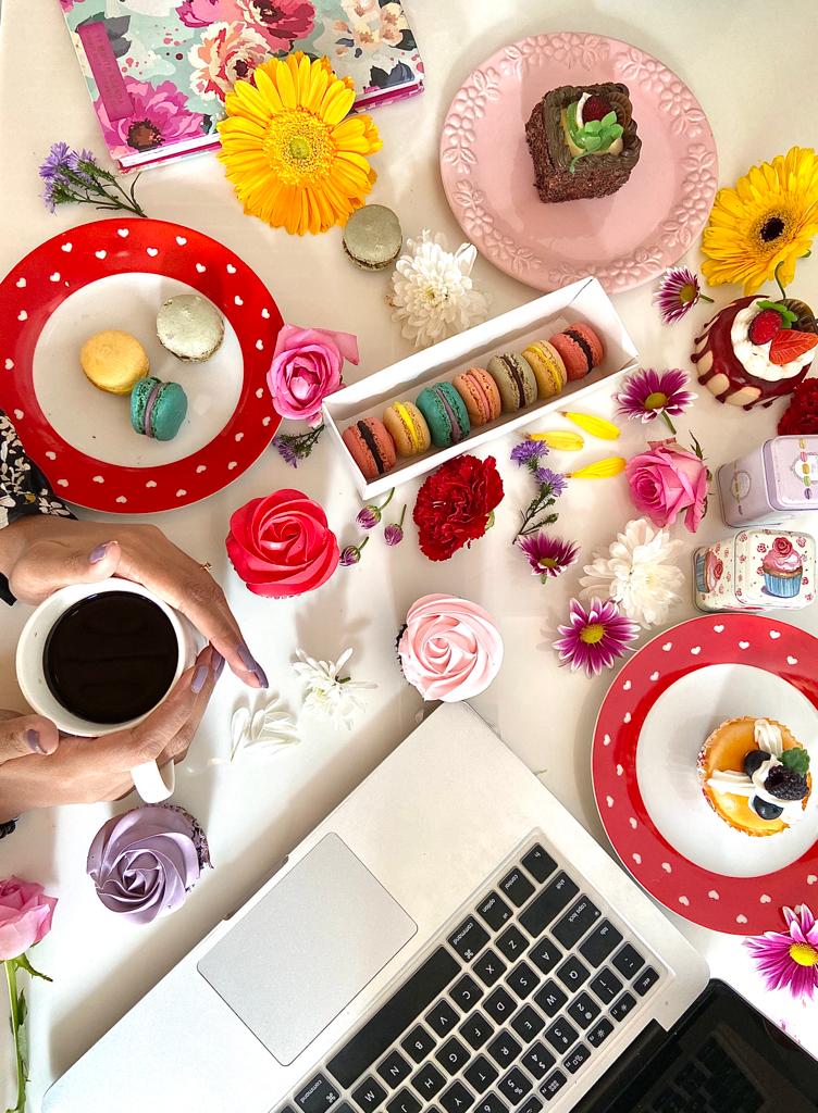 desk with macaron cake